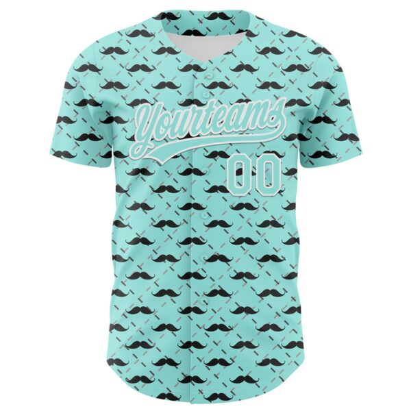 Custom Ice Blue White 3D Pattern Design Father's Day Mustache Authentic Baseball Jersey