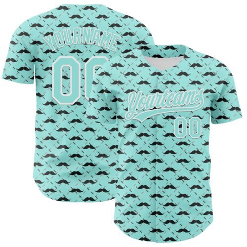 3DPattern6679 Custom Ice Blue White 3D Pattern Design Father's Day Mustache Authentic Baseball Jersey