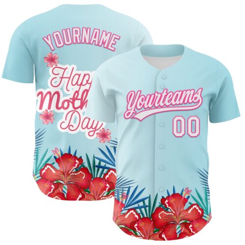 3DPattern6706 Custom Ice Blue White-Pink 3D Pattern Design Mother's Day Flower Authentic Baseball Jersey