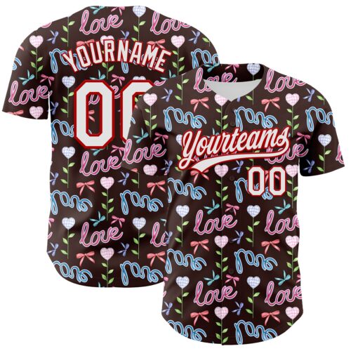 3DPattern6713 Custom Brown White-Red 3D Pattern Design Mother's Day Love Authentic Baseball Jersey