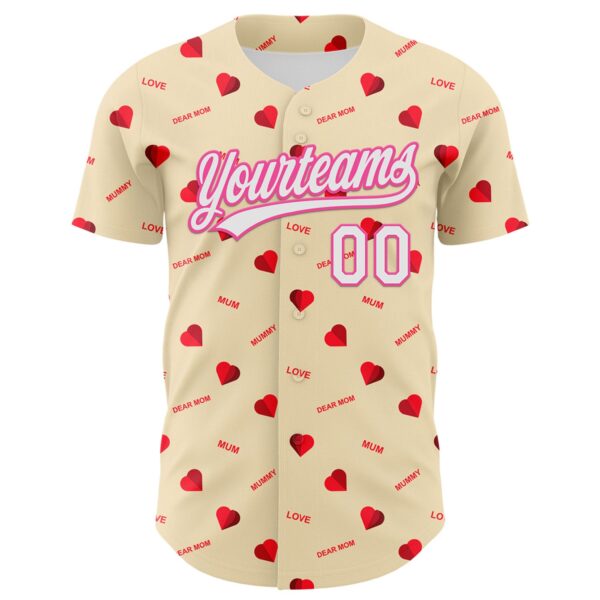 Custom Cream White-Pink 3D Pattern Design Mother's Day Love Authentic Baseball Jersey