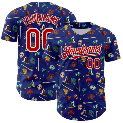 3DPattern6727 Custom Royal Red-White Comic Doodle Ballgame 3D Pattern Design Authentic Baseball Jersey