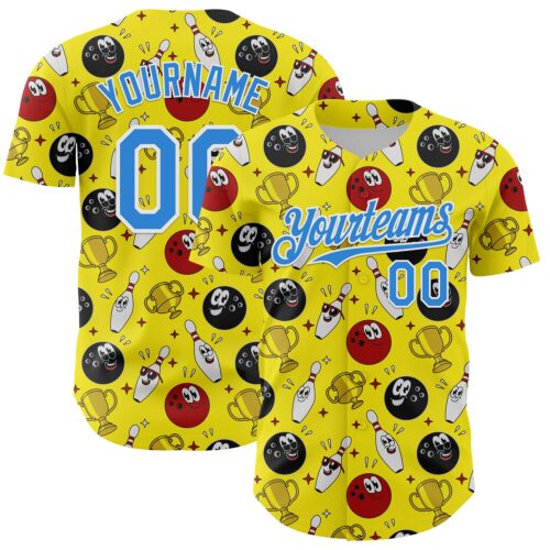3DPattern6730 Custom Light Yellow Electric Blue-White Comic Doodle Ballgame 3D Pattern Design Authentic Baseball Jersey
