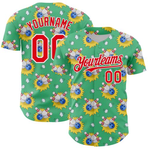 3DPattern6735 Custom Green Fire Red-White Comic Doodle Ballgame 3D Pattern Design Authentic Baseball Jersey