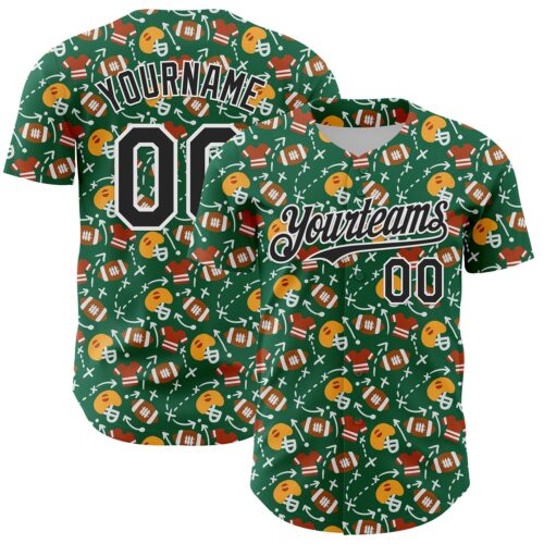 3DPattern6737 Custom Kelly Green Black-White Comic Doodle Ballgame 3D Pattern Design Authentic Baseball Jersey