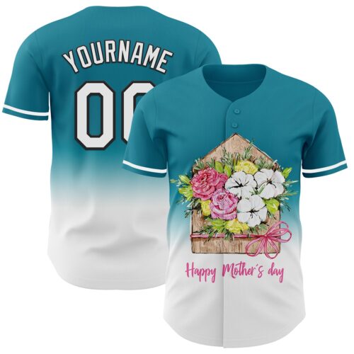 3DPattern6779 Custom Teal White-Black 3D Pattern Design Gradient Mother's Day Flower Authentic Baseball Jersey