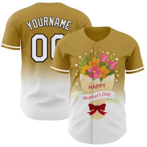 3DPattern6780 Custom Old Gold White-Black 3D Pattern Design Gradient Mother's Day Flower Authentic Baseball Jersey