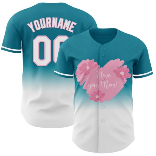3DPattern6782 Custom Teal White-Light Pink 3D Pattern Design Gradient Mother's Day Love And Flower Authentic Baseball Jersey