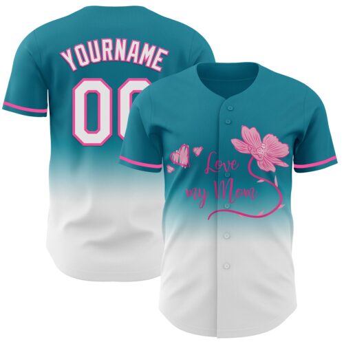 3DPattern6783 Custom Teal White-Pink 3D Pattern Design Gradient Mother's Day Love And Flower Authentic Baseball Jersey