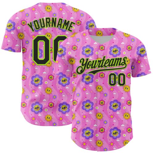 3DPattern6811 Custom Pink Black-Neon Green 3D Pattern Design Funny Cartoon Flower And Sun Authentic Baseball Jersey