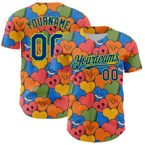 3DPattern6812 Custom White Royal-Neon Green 3D Pattern Design Funny Cartoon Heart Authentic Baseball Jersey