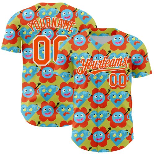 3DPattern6814 Custom Neon Yellow Orange-White 3D Pattern Design Funny Cartoon Flower And Heart Authentic Baseball Jersey