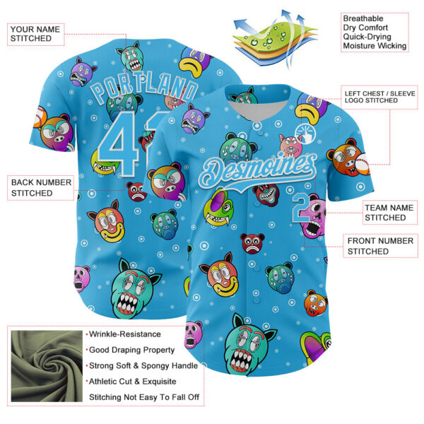 Custom Sky Blue White 3D Pattern Design Funny Cartoon Animal Authentic Baseball Jersey