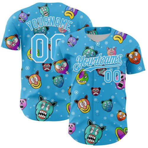 3DPattern6815 Custom Sky Blue White 3D Pattern Design Funny Cartoon Animal Authentic Baseball Jersey