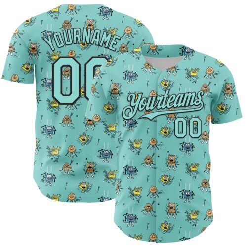 3DPattern6816 Custom Ice Blue Black 3D Pattern Design Funny Cartoon Monster Authentic Baseball Jersey