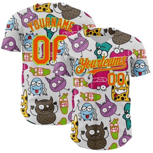 3DPattern6817 Custom White Orange-Neon Green 3D Pattern Design Funny Cartoon Monster Authentic Baseball Jersey