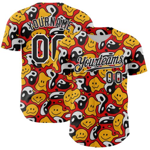 3DPattern6820 Custom Red Black-White 3D Pattern Design Funny Cartoon Emoji Smile Face And Yin Yang Authentic Baseball Jersey