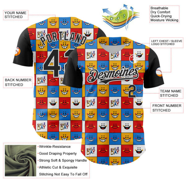 Custom White Black 3D Pattern Design Funny Cartoon Emoji Smile Face Authentic Baseball Jersey