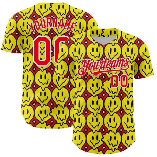 3DPattern6828 Custom Fire Red White 3D Pattern Design Funny Cartoon Emoji Smile Face Authentic Baseball Jersey