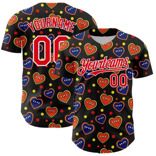 3DPattern6829 Custom Black Fire Red-White 3D Pattern Design Funny Cartoon Heart Authentic Baseball Jersey