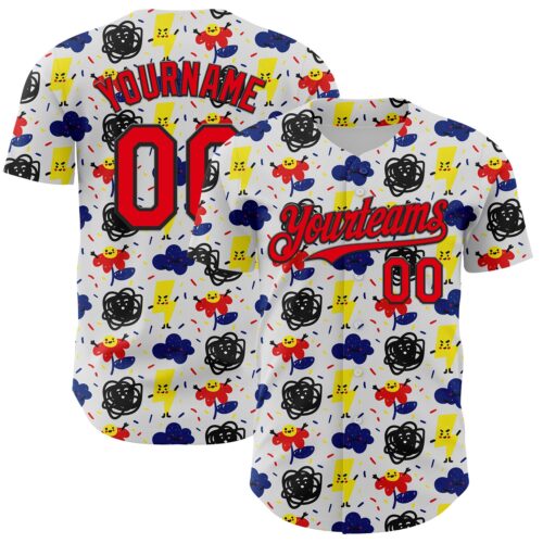 3DPattern6830 Custom White Fire Red-Black 3D Pattern Design Funny Cartoon Flower Cloud Lightning Authentic Baseball Jersey