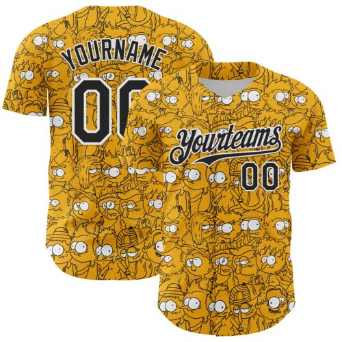 3DPattern6831 Custom Gold Black-White 3D Pattern Design Funny Cartoon People Authentic Baseball Jersey