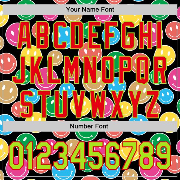 Custom Black Neon Green-Fire Red 3D Pattern Design Funny Cartoon Emoji Smile Face Authentic Baseball Jersey