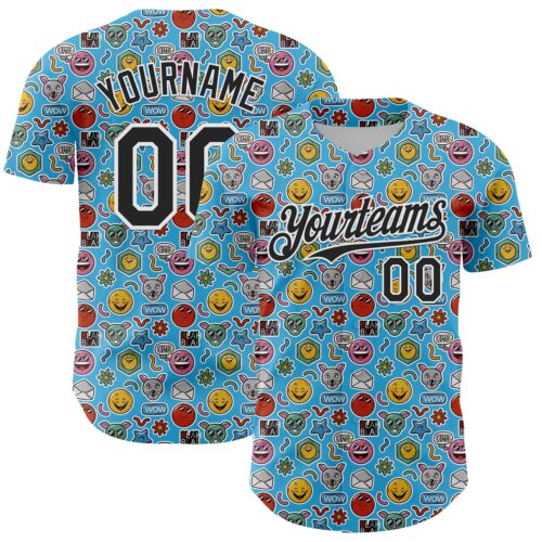 3DPattern6833 Custom Sky Blue Black-White 3D Pattern Design Funny Cartoon Emoji Authentic Baseball Jersey