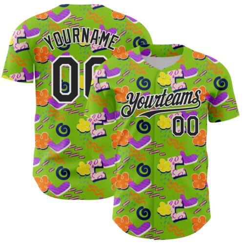 3DPattern6834 Custom Neon Green Black-White 3D Pattern Design Funny Cartoon Cloud Rain Authentic Baseball Jersey