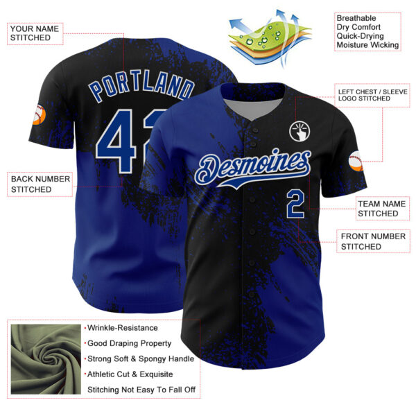 Custom Royal Black-White 3D Pattern Design Abstract Brush Stroke Authentic Baseball Jersey