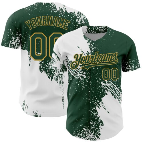 3DPattern7083 Custom White Green-Old Gold 3D Pattern Design Abstract Brush Stroke Authentic Baseball Jersey