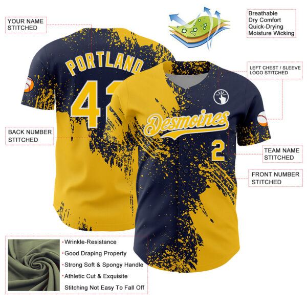 Custom Yellow Navy-White 3D Pattern Design Abstract Brush Stroke Authentic Baseball Jersey