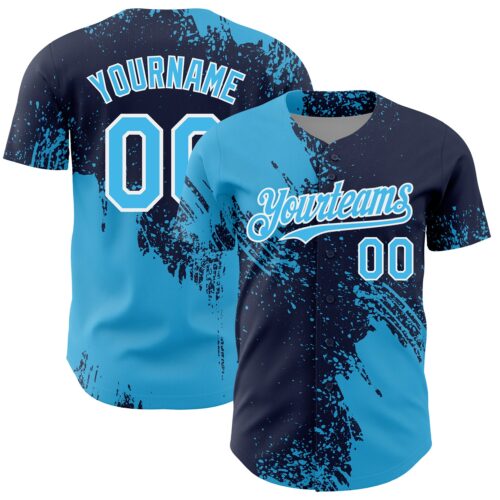 3DPattern7103 Custom Sky Blue Navy-White 3D Pattern Design Abstract Brush Stroke Authentic Baseball Jersey