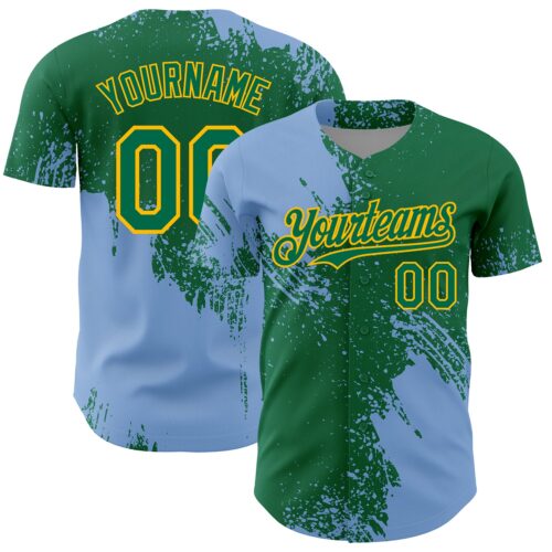 3DPattern7150 Custom Light Blue Kelly Green-Gold 3D Pattern Design Abstract Brush Stroke Authentic Baseball Jersey