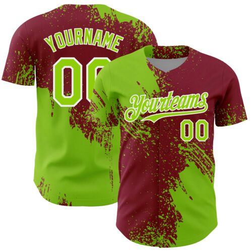 3DPattern7158 Custom Neon Green Crimson-White 3D Pattern Design Abstract Brush Stroke Authentic Baseball Jersey