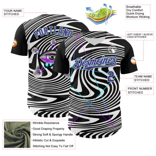Custom Black Purple-Ice Blue 3D Pattern Design Rave Psychedelic Fluid Art Authentic Baseball Jersey