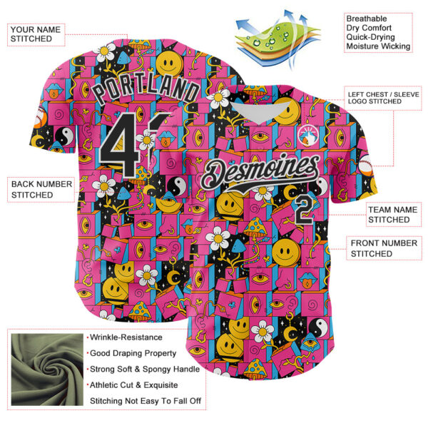 Custom Hot Pink Black-White 3D Pattern Design Rave Psychedelic Geometry Authentic Baseball Jersey