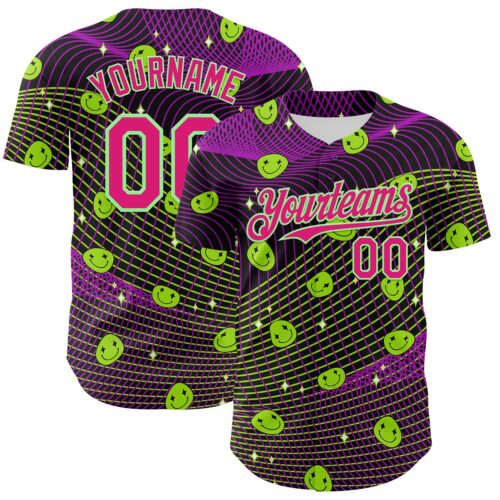 3DPattern7170 Custom Black Hot Pink-Pea Green 3D Pattern Design Rave Psychedelic Emoji Smile Authentic Baseball Jersey