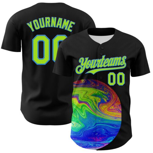 3DPattern7172 Custom Black Neon Green-Electric Blue 3D Pattern Design Rave Psychedelic Fluid Art Authentic Baseball Jersey
