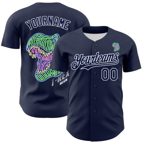 3DPattern7175 Custom Navy White 3D Pattern Design Rave Psychedelic Neon Dinosaur Authentic Baseball Jersey