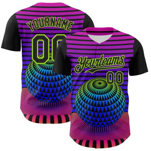 3DPattern7181 Custom Black Neon Green 3D Pattern Design Rave Psychedelic Geometry Authentic Baseball Jersey