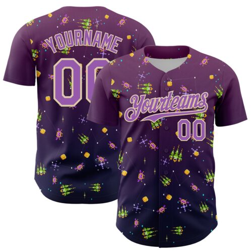 3DPattern7216 Custom Purple Medium Purple-City Cream 3D Pattern Design Retro Pixel Arcade Game Authentic Baseball Jersey