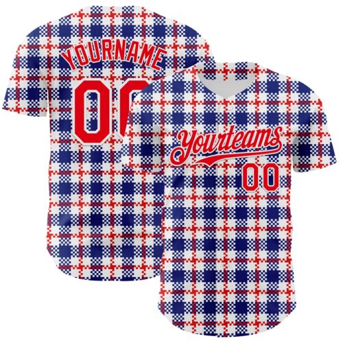 3DPattern7493 Custom White Fire Red-Royal 3D Pattern Design Patriotic American Symbol Plaid Authentic Baseball Jersey