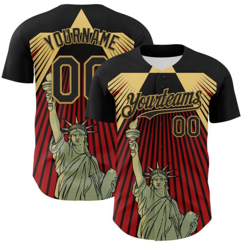 3DPattern7515 Custom Black Red-Old Gold 3D Pattern Design Patriotic American Symbol Statue of Liberty Authentic Baseball Jersey