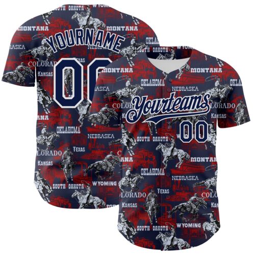 3DPattern7520 Custom Navy White 3D Pattern Design Patriotic American Spirit Rodeo Cowboy Authentic Baseball Jersey