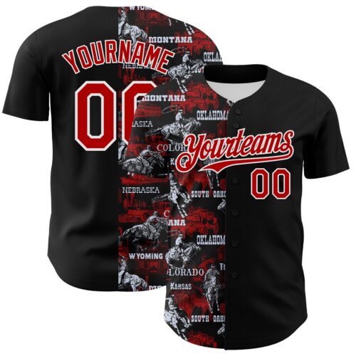 3DPattern7521 Custom Black Red-White 3D Pattern Design Patriotic American Spirit Rodeo Cowboy Authentic Baseball Jersey