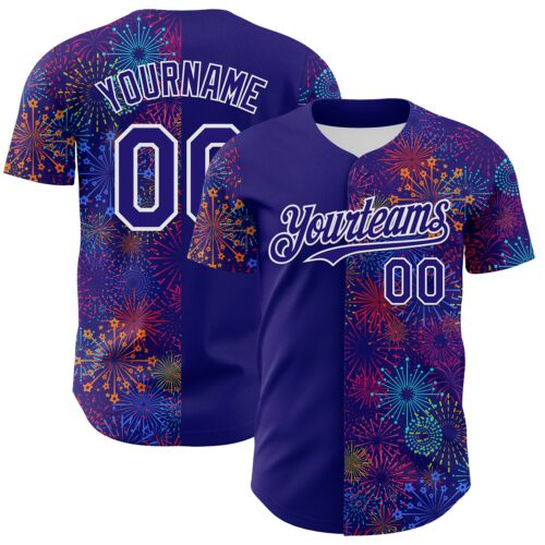3DPattern7523 Custom Dark Purple White 3D Pattern Design Patriotic American Spirit Firework Authentic Baseball Jersey