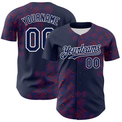 3DPattern7524 Custom Navy White 3D Pattern Design Patriotic American Spirit Firework Authentic Baseball Jersey