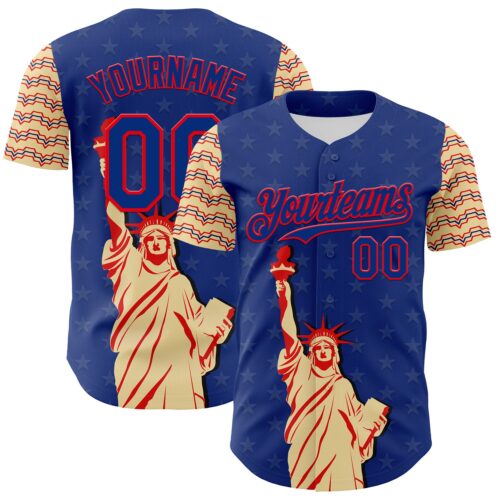 3DPattern7531 Custom Royal Fire Red-Cream 3D Pattern Design Patriotic American Symbol Statue of Liberty Authentic Baseball Jersey