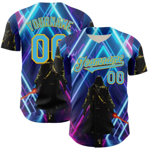 3DPattern7909 Custom Blue Sky Blue-Gold 3D Pattern Design Outer Space Light Swords Authentic Baseball Jersey